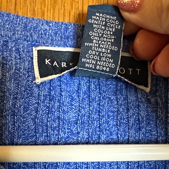 Karen Scott Textured 100% Cotton Blue Cable Knit V-Neck Sweater - Picture 4 of 8